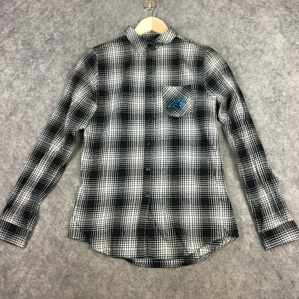 Carolina Panthers Shirt Women Junior M Long Sleeve Plaid Button Up NFL Football